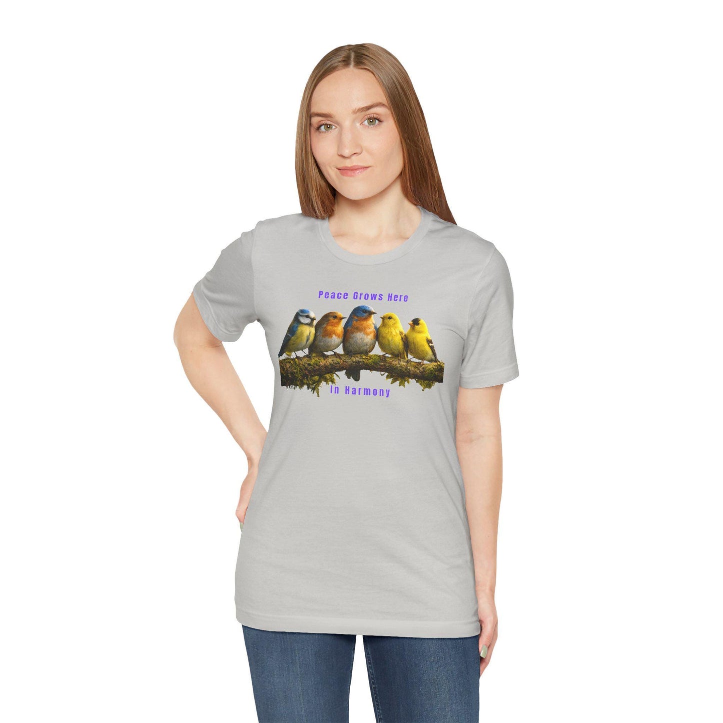 Peace Grows Here birds on branch T-Shirt | Harmony songbird design