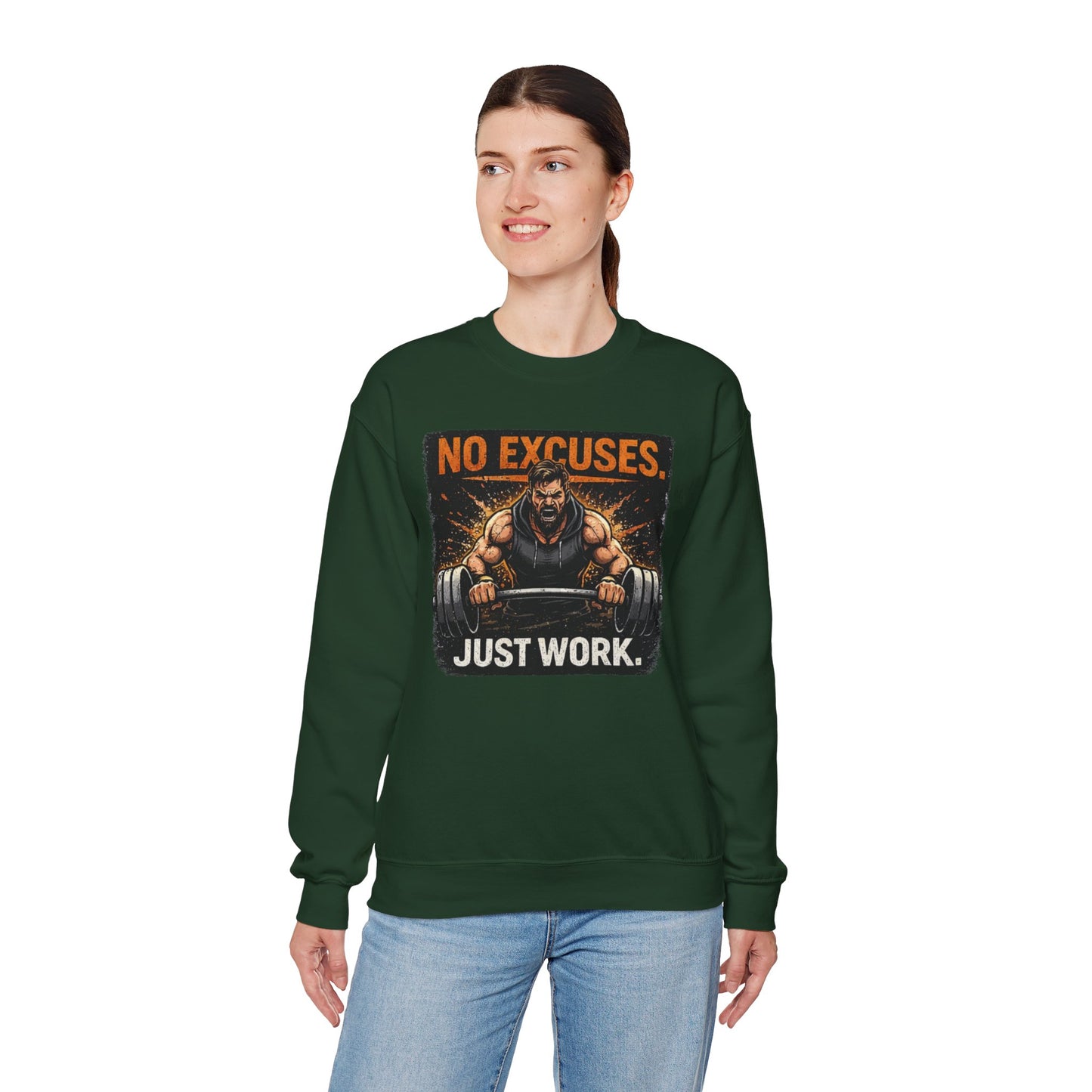 Workout Sweatshirt — "No Excuses, Just Work" Motivational Gym Crewneck