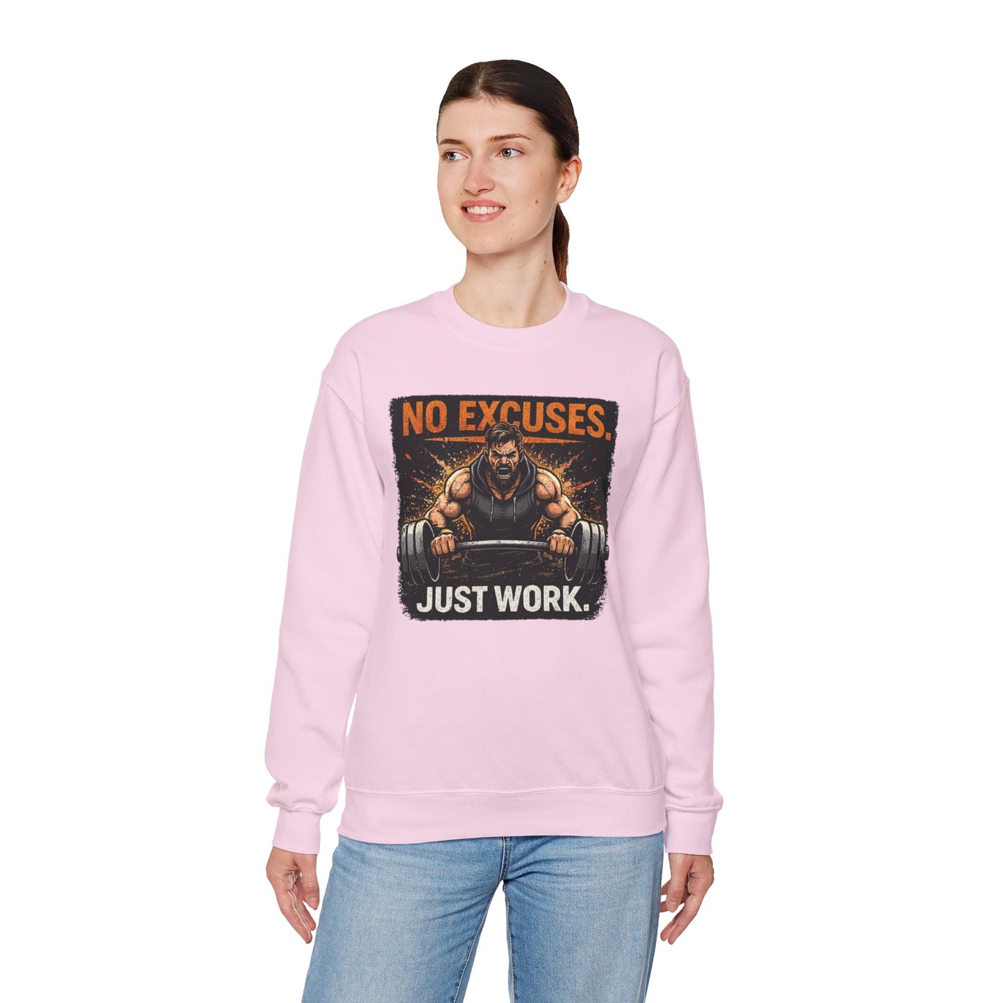 Workout Sweatshirt — "No Excuses, Just Work" Motivational Gym Crewneck