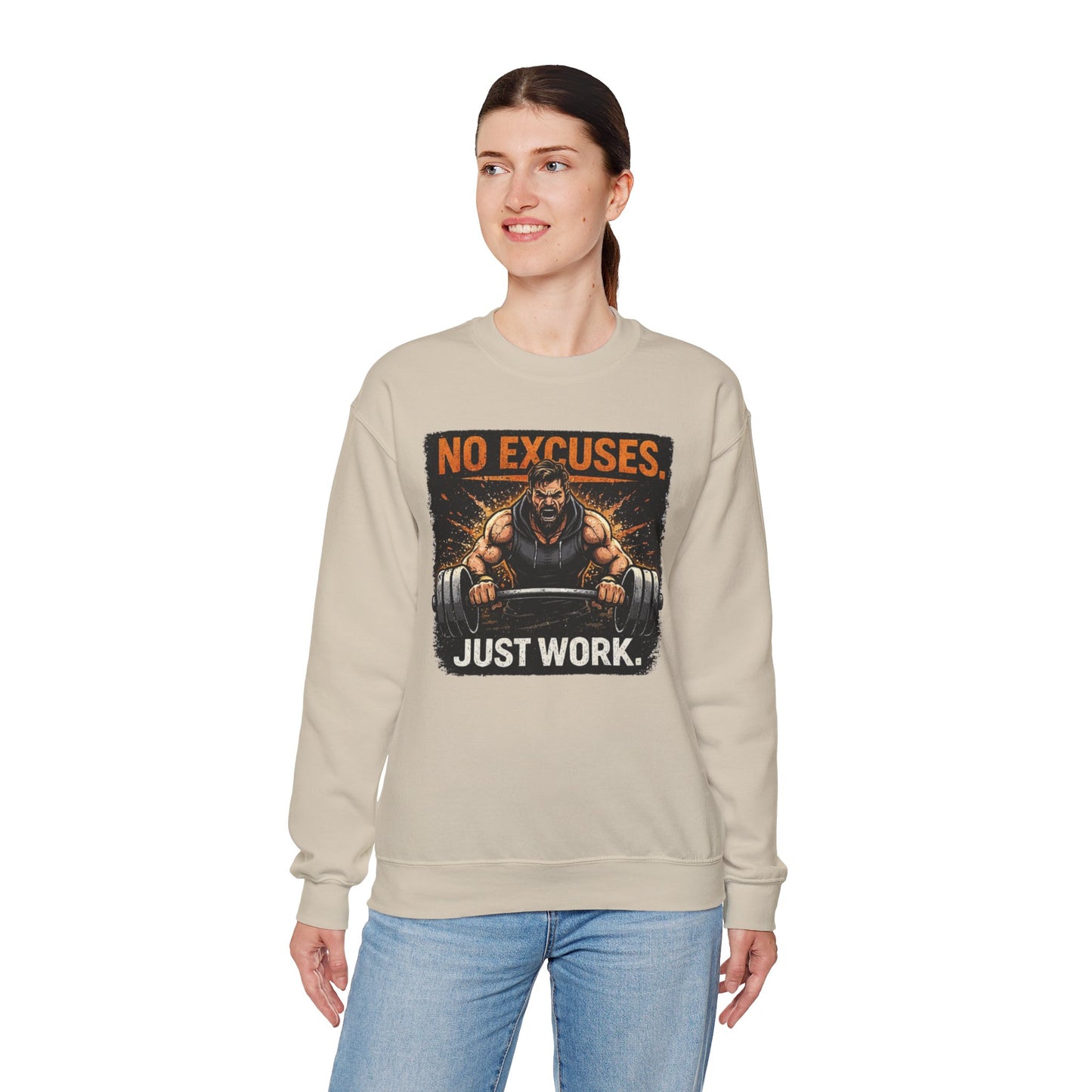 Workout Sweatshirt — "No Excuses, Just Work" Motivational Gym Crewneck