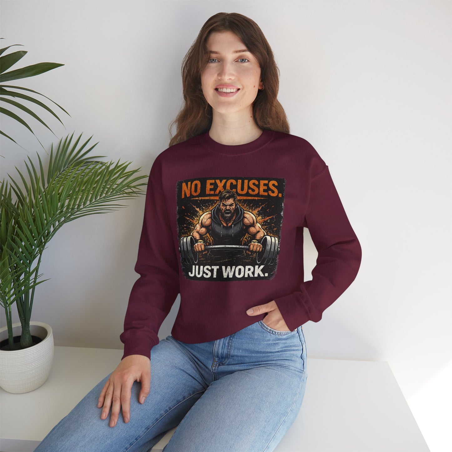 Workout Sweatshirt — "No Excuses, Just Work" Motivational Gym Crewneck
