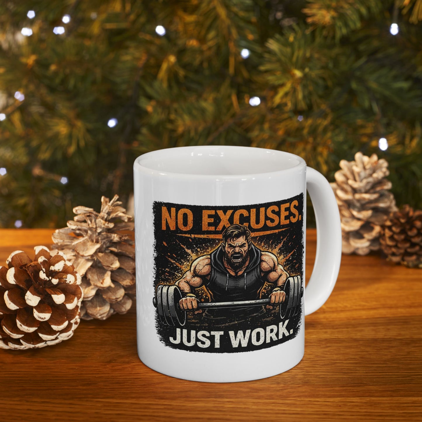 Gym Motivation Mug — "No Excuses. Just Work." Ceramic Coffee Cup (11oz, 15oz)