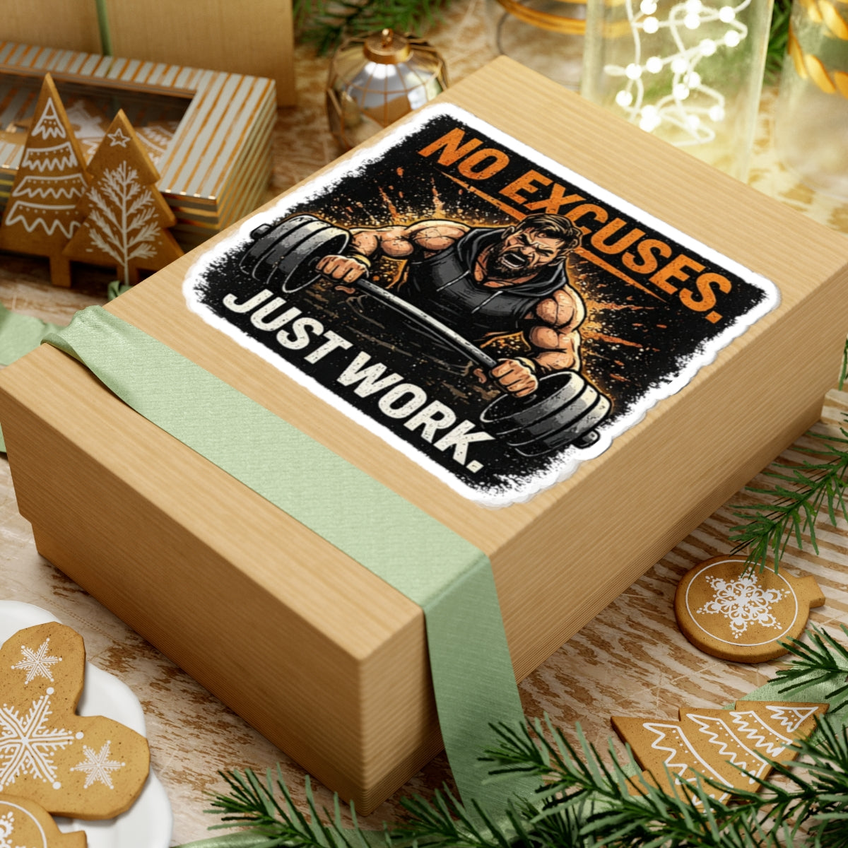 Fitness Sticker — “No Excuses. Just Work.” Motivational Gym Kiss-Cut Sticker