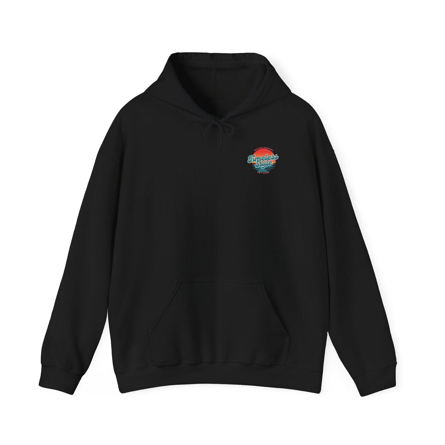 Timeless Style Sunset Logo Hoodie | Retro Stripes Palm Silhouette
