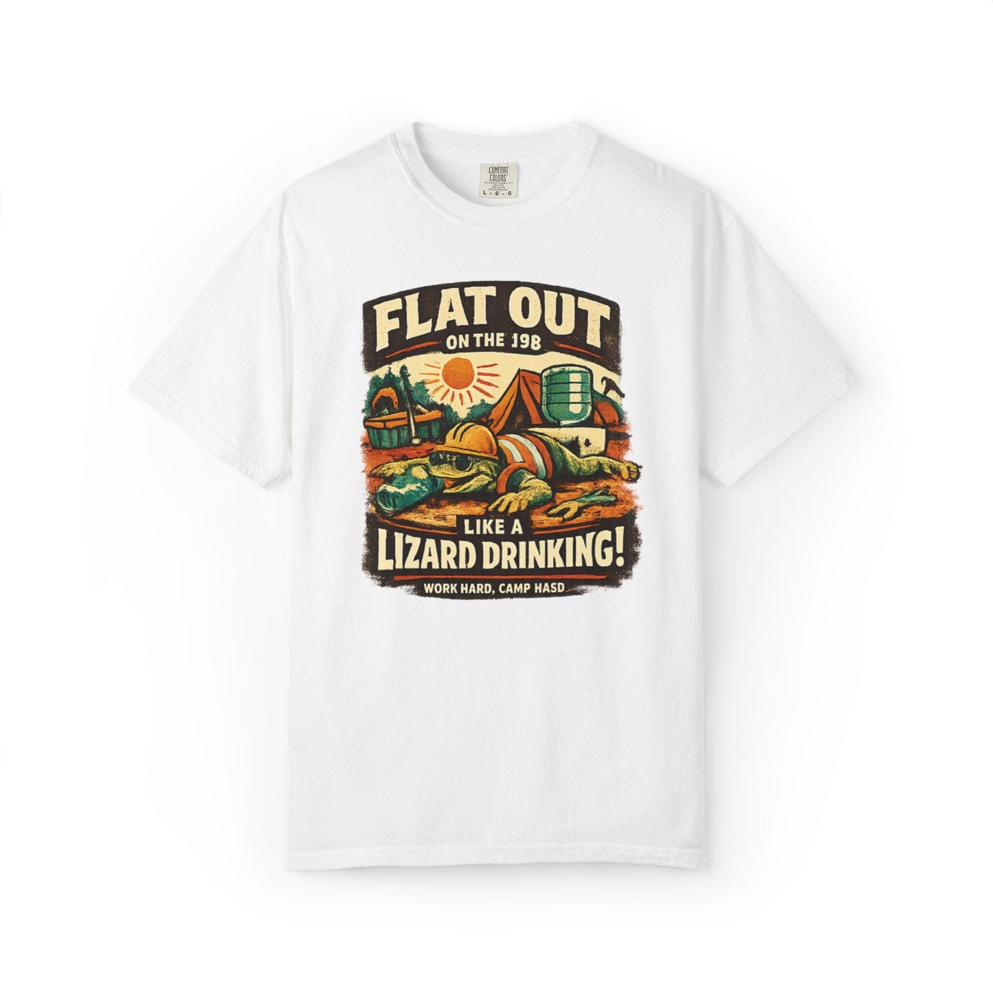 Flat Out Like a Lizard Drinking T-Shirt - Aussie Slang Tee - Retro Camper Desert Art - Australian Gift - Unisex Cotton