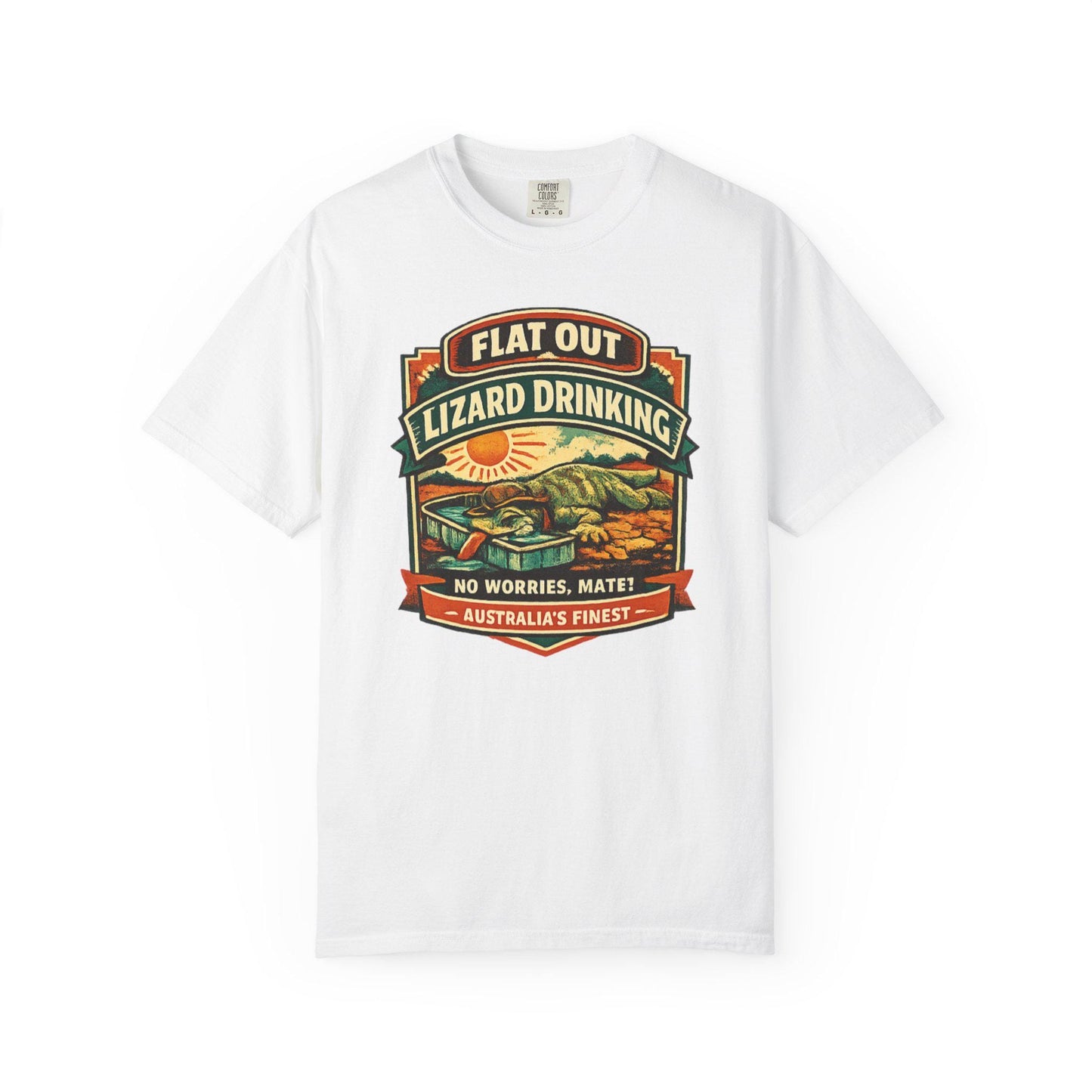 Flat Out Lizard Drinking T-Shirt - Aussie Slang Tee - Vintage Badge Design - Australian Outback Gift - Unisex Cotton
