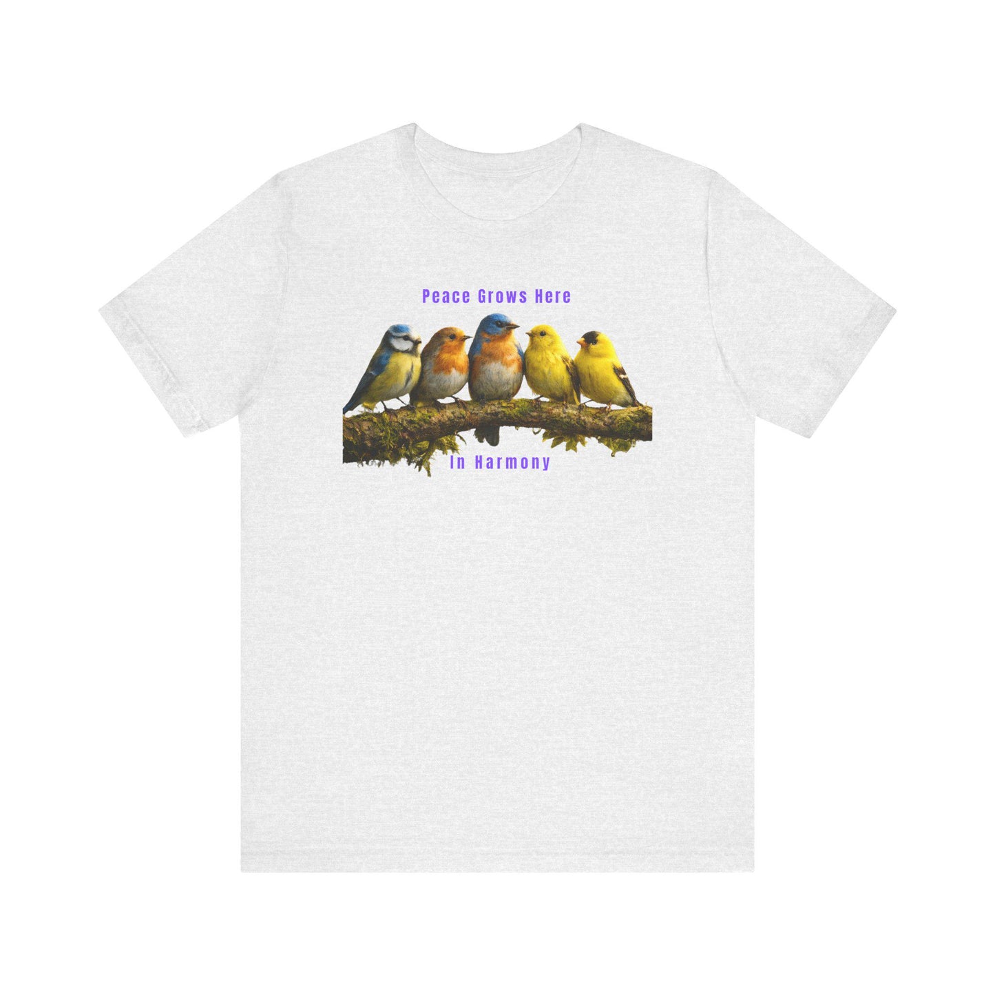 Peace Grows Here birds on branch T-Shirt | Harmony songbird design
