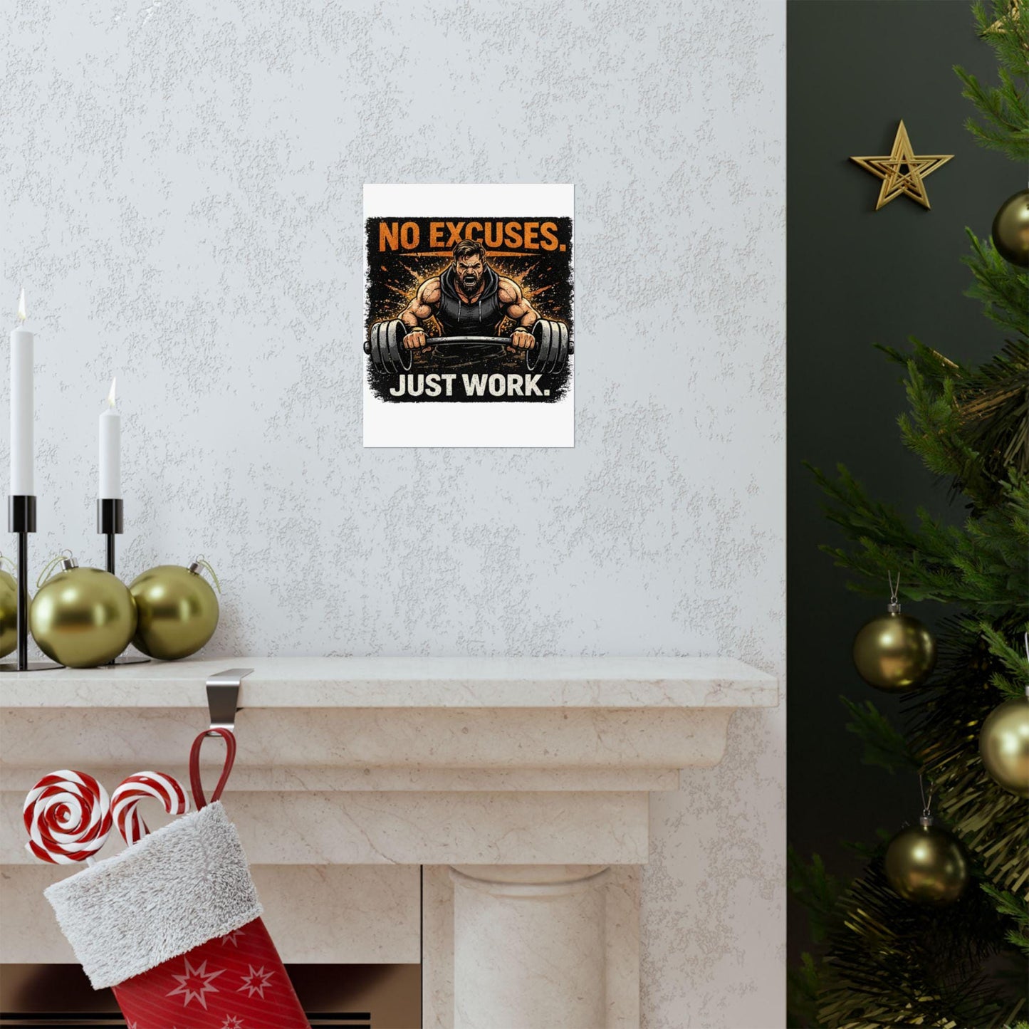 Motivational Fitness Poster No Excuses Just Work Matte Vertical Wall Art