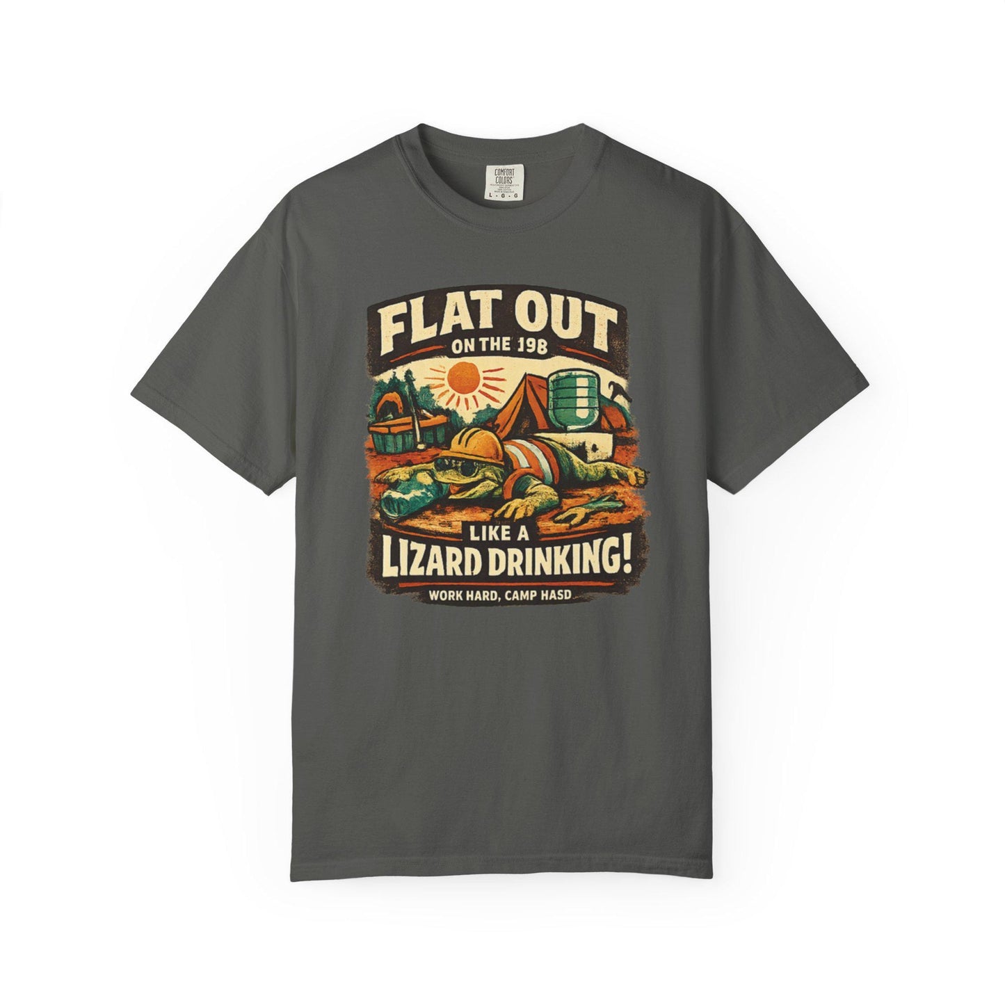 Flat Out Like a Lizard Drinking T-Shirt - Aussie Slang Tee - Retro Camper Desert Art - Australian Gift - Unisex Cotton
