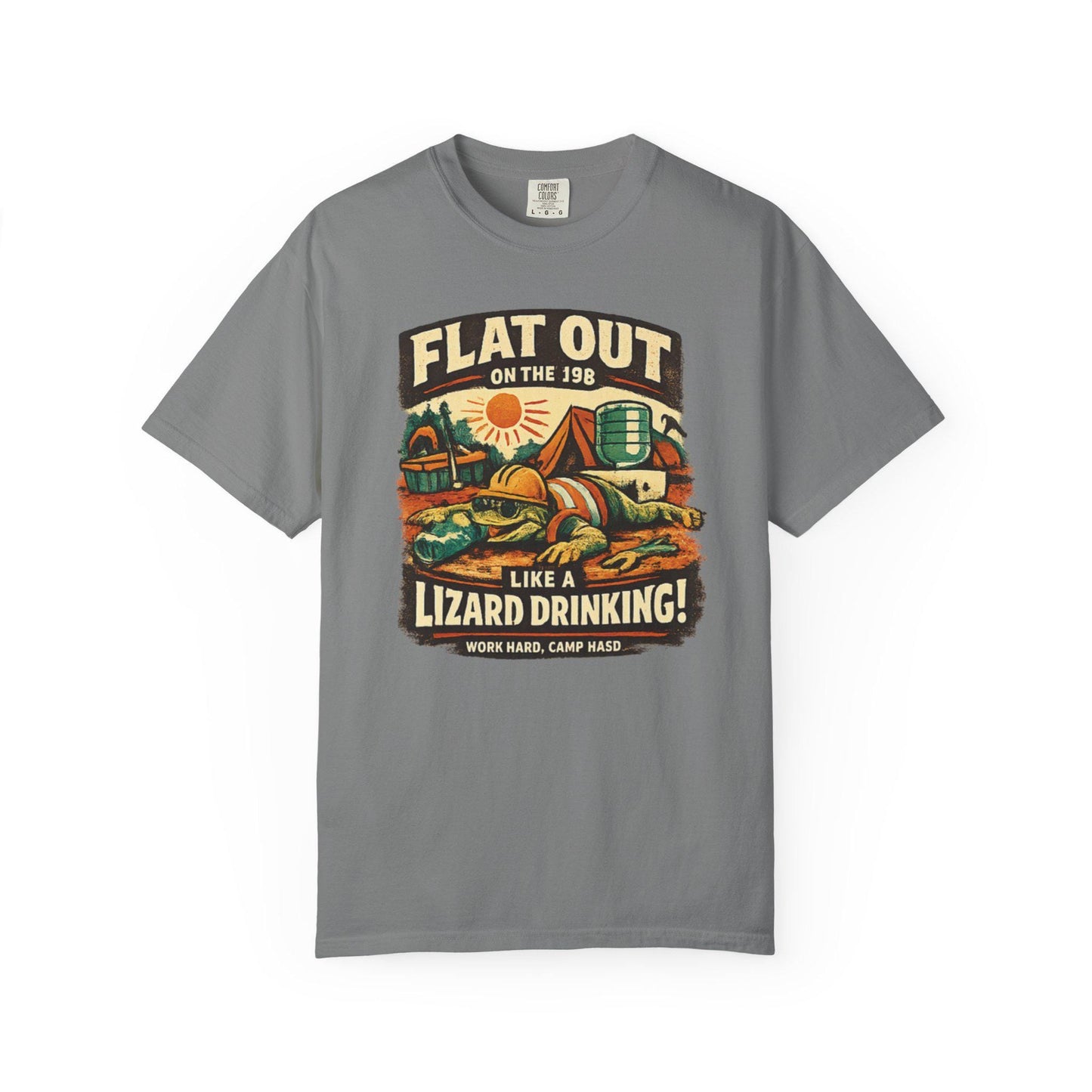 Flat Out Like a Lizard Drinking T-Shirt - Aussie Slang Tee - Retro Camper Desert Art - Australian Gift - Unisex Cotton