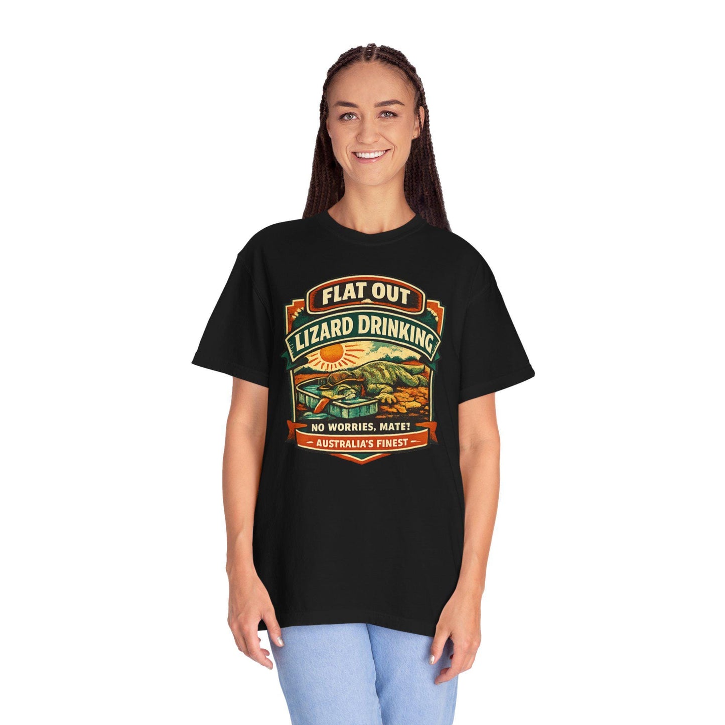 Flat Out Lizard Drinking T-Shirt - Aussie Slang Tee - Vintage Badge Design - Australian Outback Gift - Unisex Cotton