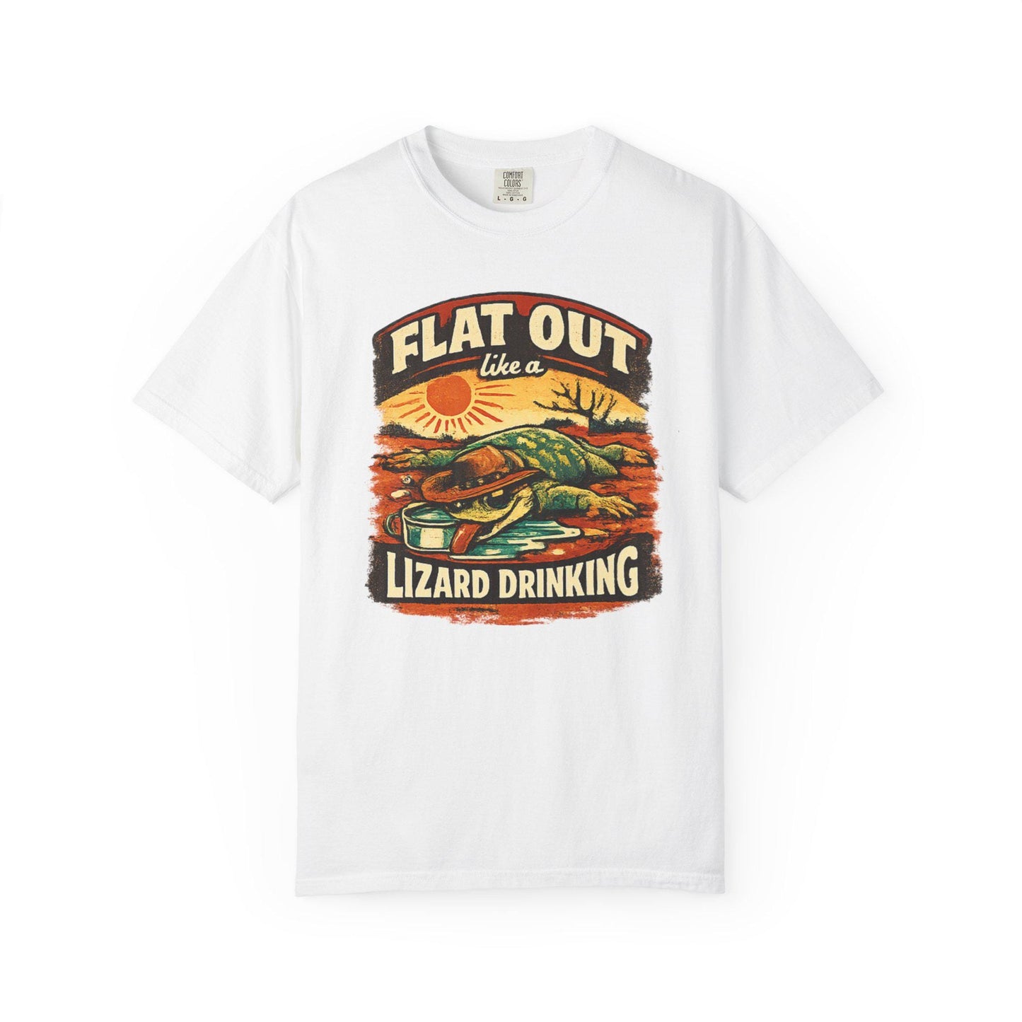 Flat Out Like a Lizard Drinking T-Shirt - Aussie Slang Tee - Retro Desert Lizard Graphic - Australian Gift - Unisex