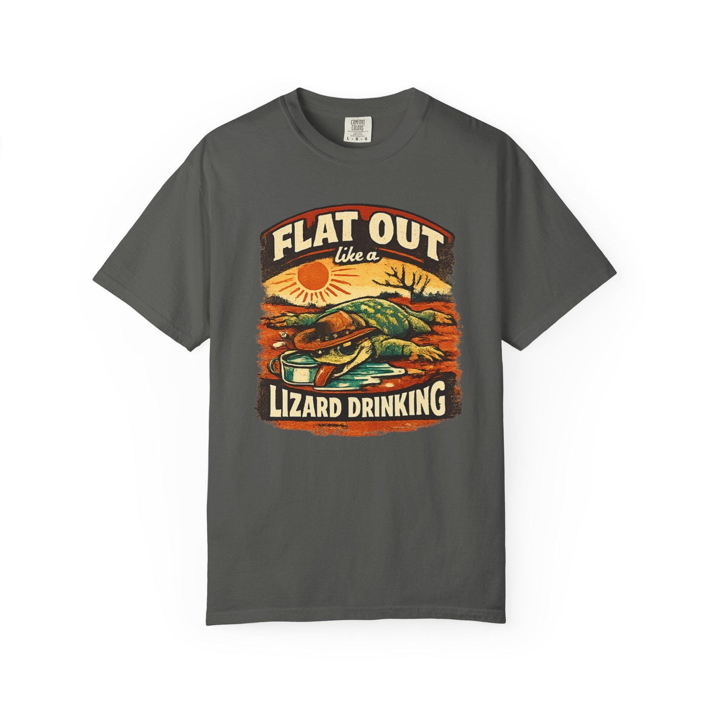 Flat Out Like a Lizard Drinking T-Shirt - Aussie Slang Tee - Retro Desert Lizard Graphic - Australian Gift - Unisex