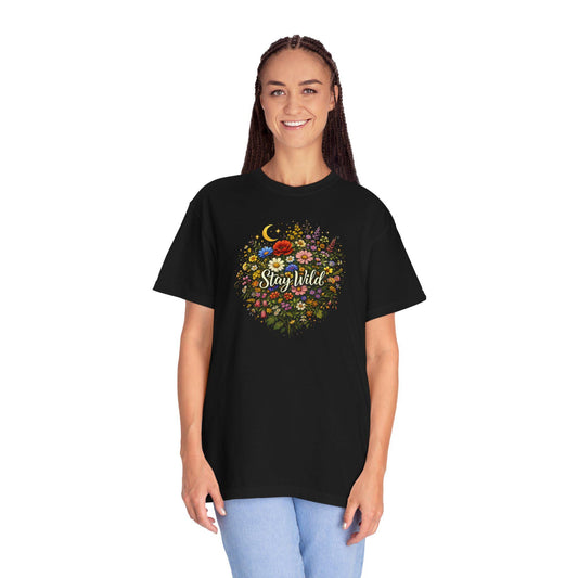 Stay Wild floral moon bouquet T-shirt | botanical typography